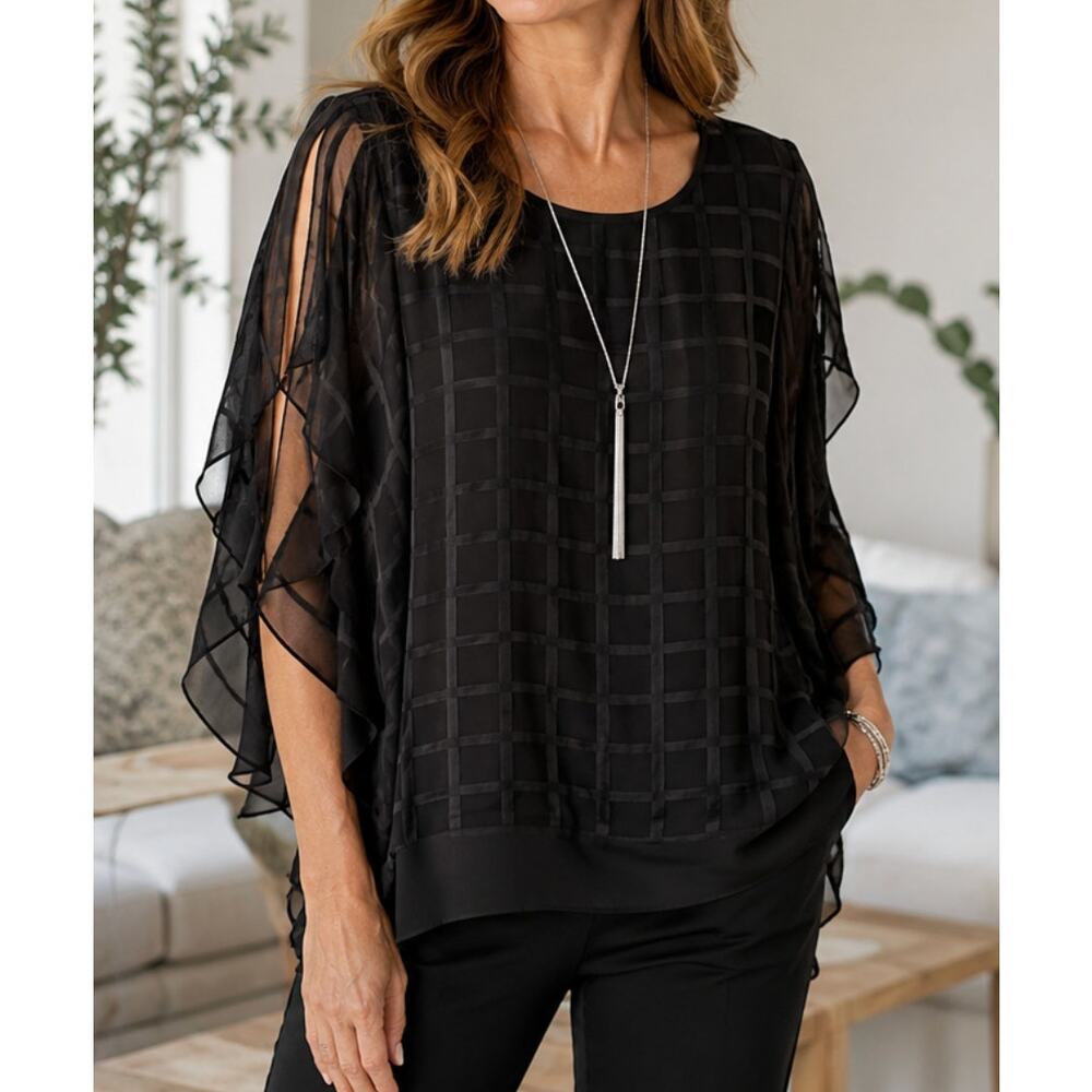 Joseph Ribkoff Black Windowpane Chiffon Overlay Top Made in Canada Quiet Luxury